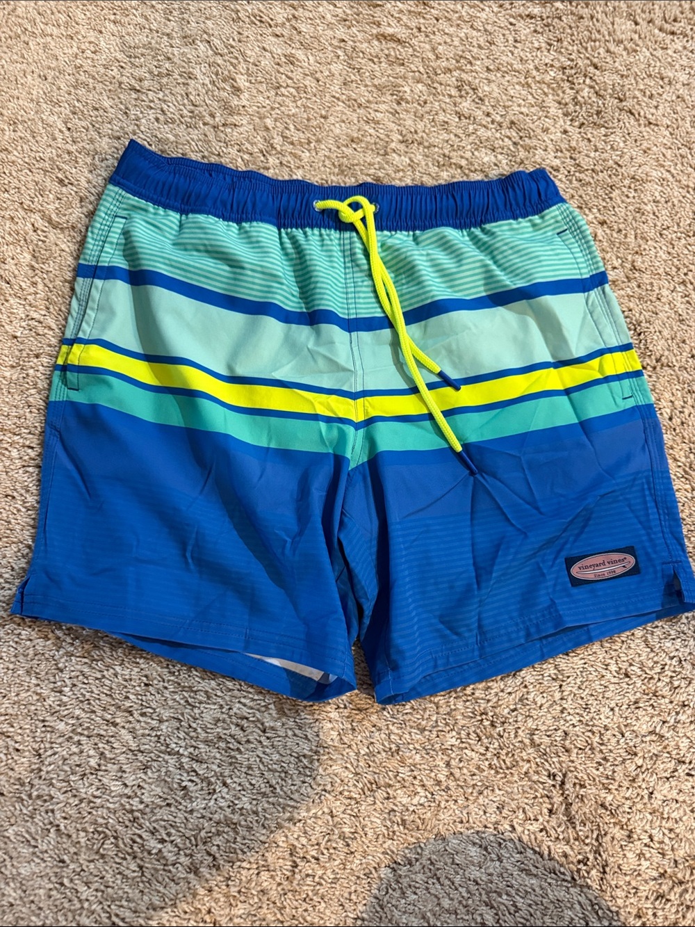 Vineyard Vines 6” Blue, Aqua & Green Striped Swim Trunks
